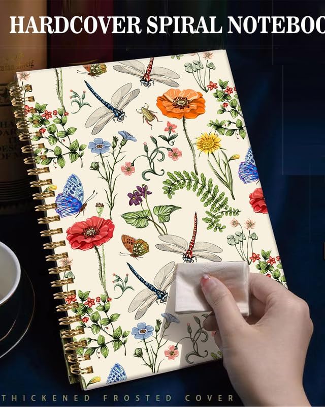 Spiral Journal Notebook,A5 Hardcover Lined Journals for Women Girl 6 x 8.3 in,120 Pages Thick Paper,Cute College Ruled Writing Notebook for Gifts Office Work School(Summer Flower Dragonfly)