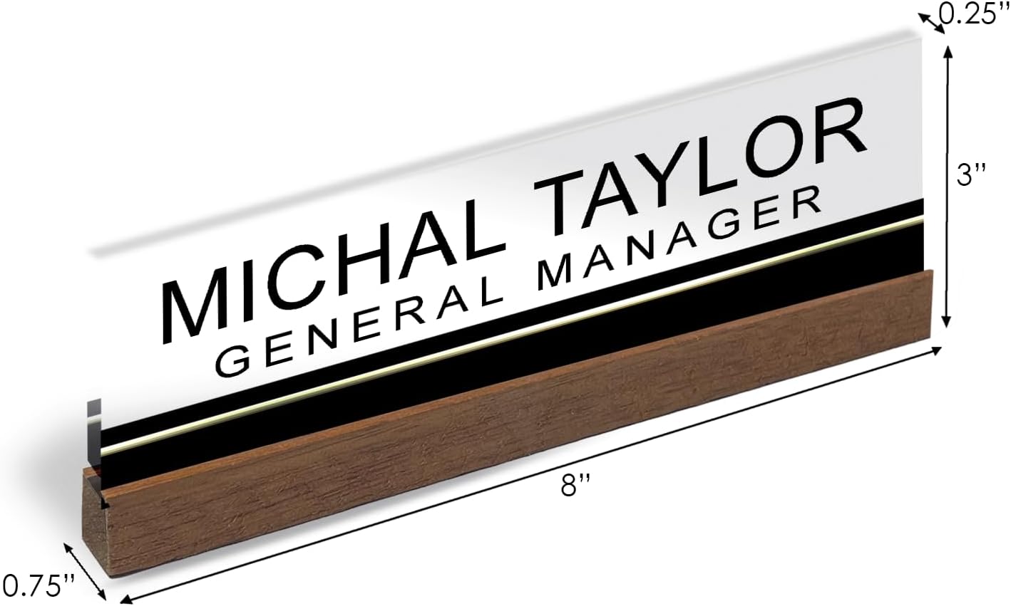 Artblox Personalized Office Desk Name Plate and Business Card Holder | Clear Acrylic Glass with Teak Wood Stand | Black Stripe Design Customized with Your Name and Credentials Office Desk Decor