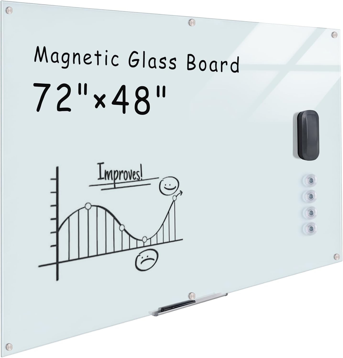 Magnetic Glass Whiteboard，72"x48" Wall Mounted Frameless Dry Erase Board for Office, Home & School White