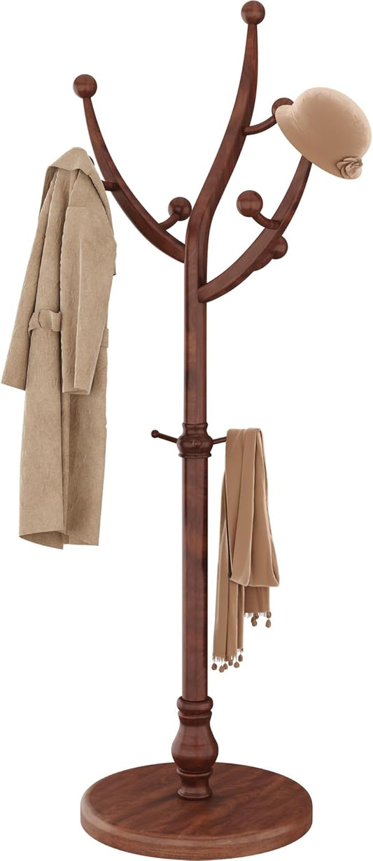 HOMEFORT Coat Rack Freestanding, Wooden Coat Rack with 11 Hookss, Rubber Wood Coat Hanger with Sturdy Round Base, Vintage Coat Hat Rack for Entryway, Hallway, Bedroom,Walnut