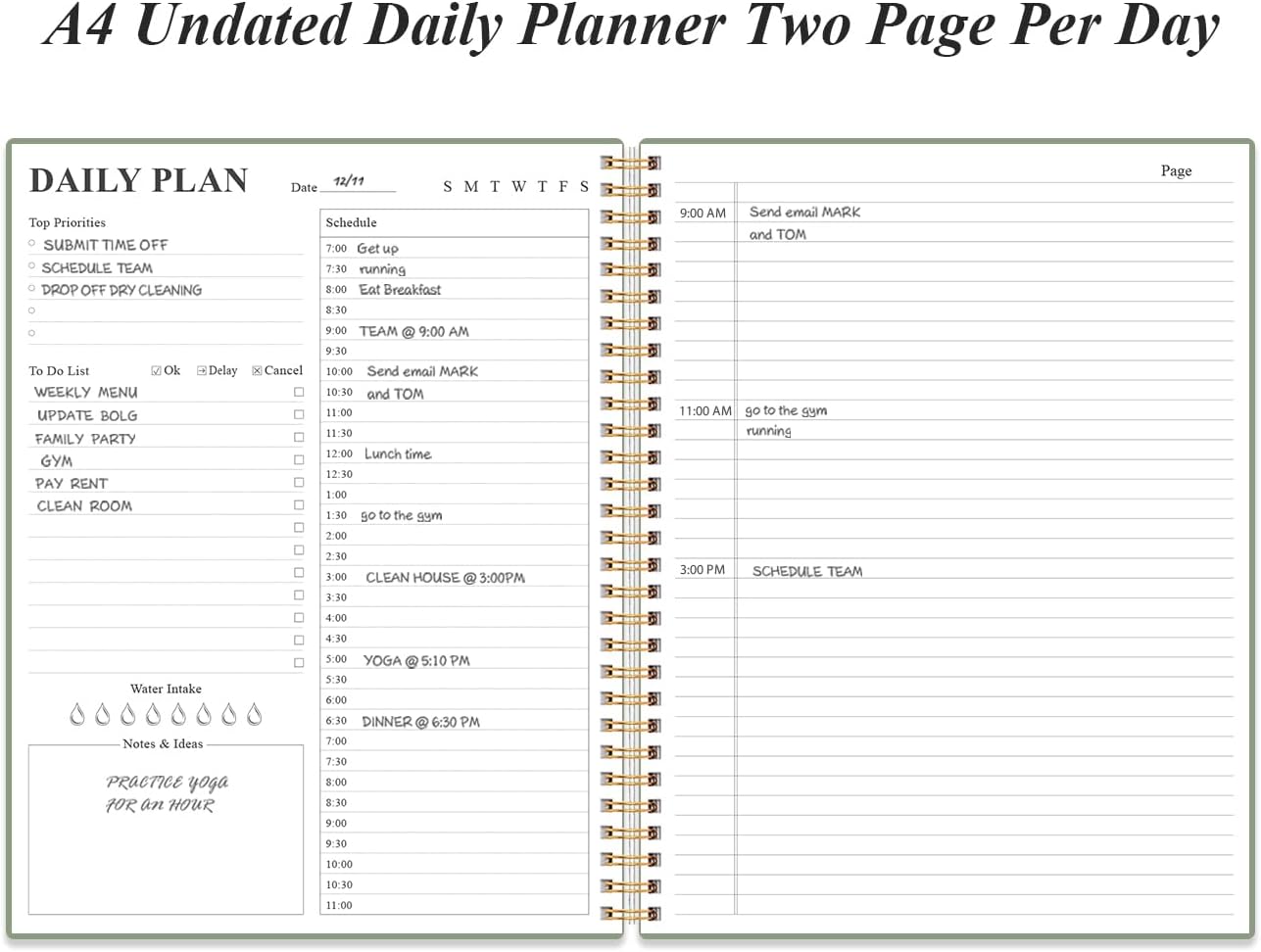 Daily Planner Undated - A4 To Do List Notebook Hourly Schedules, Spiral Appointment Planner for Women and Men,PVC Hardcover, Inner Pocket, Elastic Closure, 8.5" x 11", Green