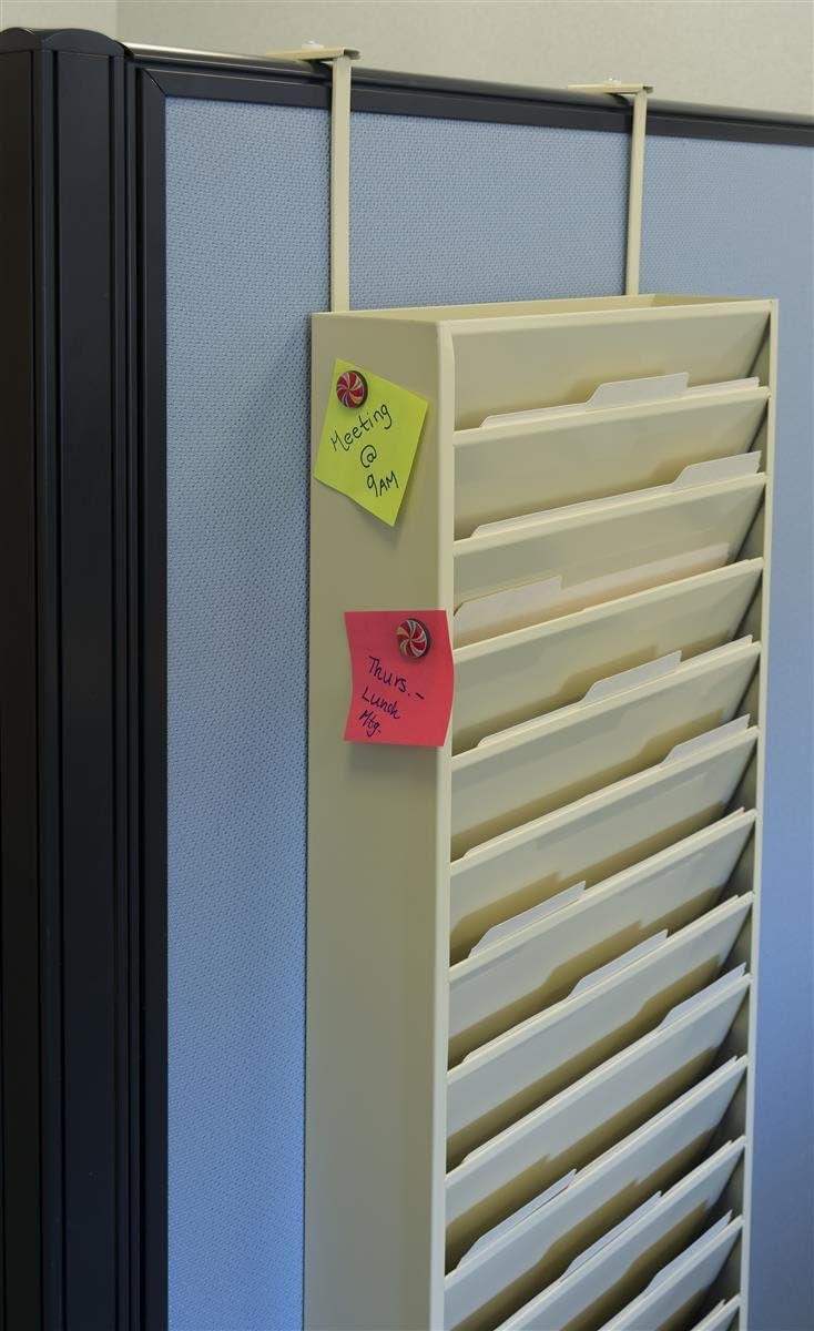 Durham Displays2go Hanging File Folder Rack with 11 Tiered Pockets, Wall Mount Office Organizer - Tan Powder-Coated Steel