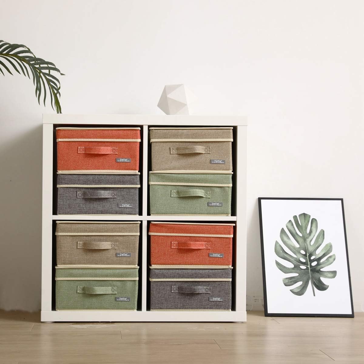 YueYue 4 Pack Small Fabric Storage Box with Lids, Foldable Linen Storage Box with Lids 4 Pieces Gray&Linen Set 12.4in/12in/6.7in