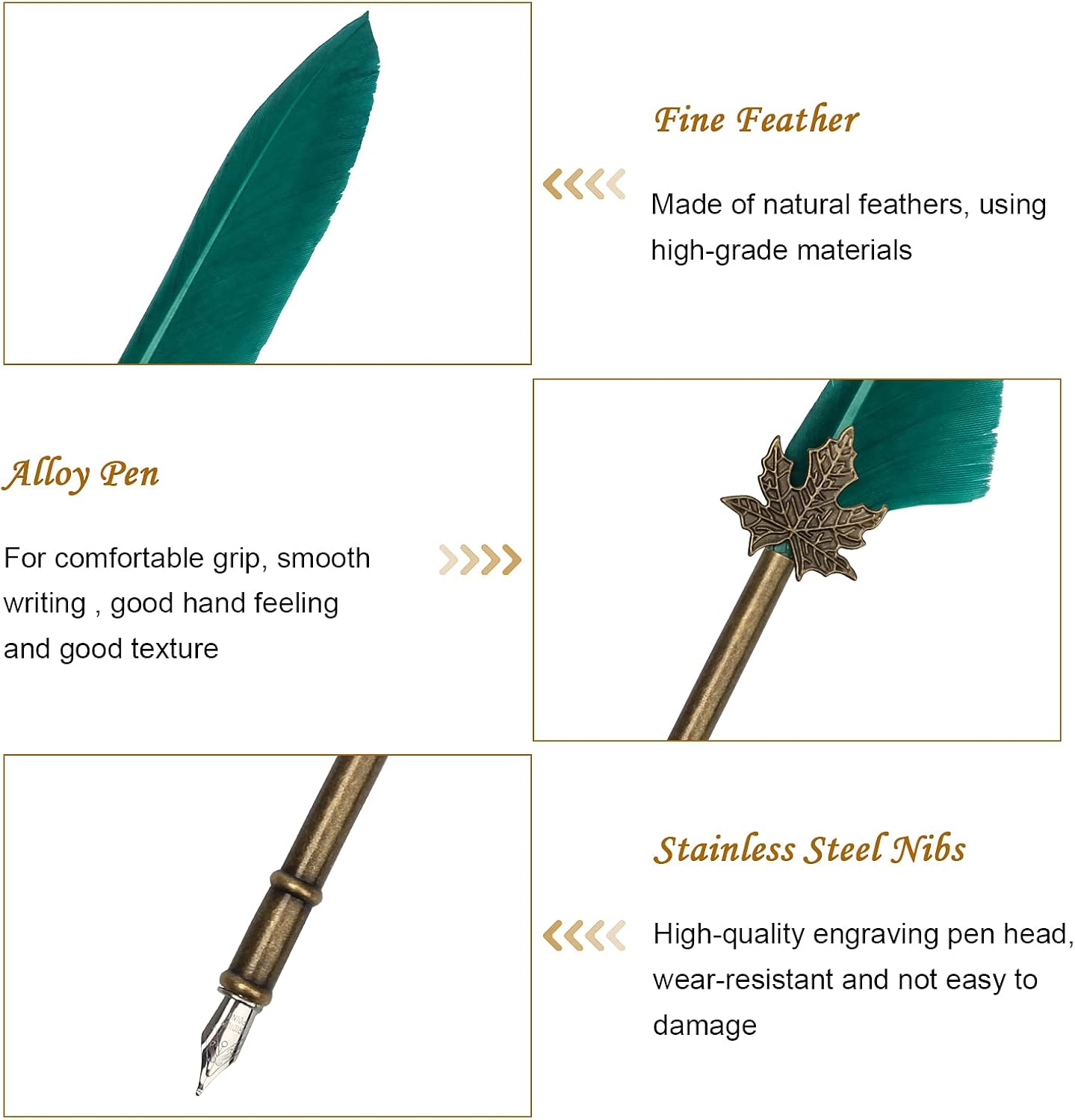AHIER Quill Pen and Ink Set, Feather Pen Quill Pen Set Includes 5 Steel Replacement Nibs,Pen Nib Base and Dip Ink Bottle for Antique Calligraphy