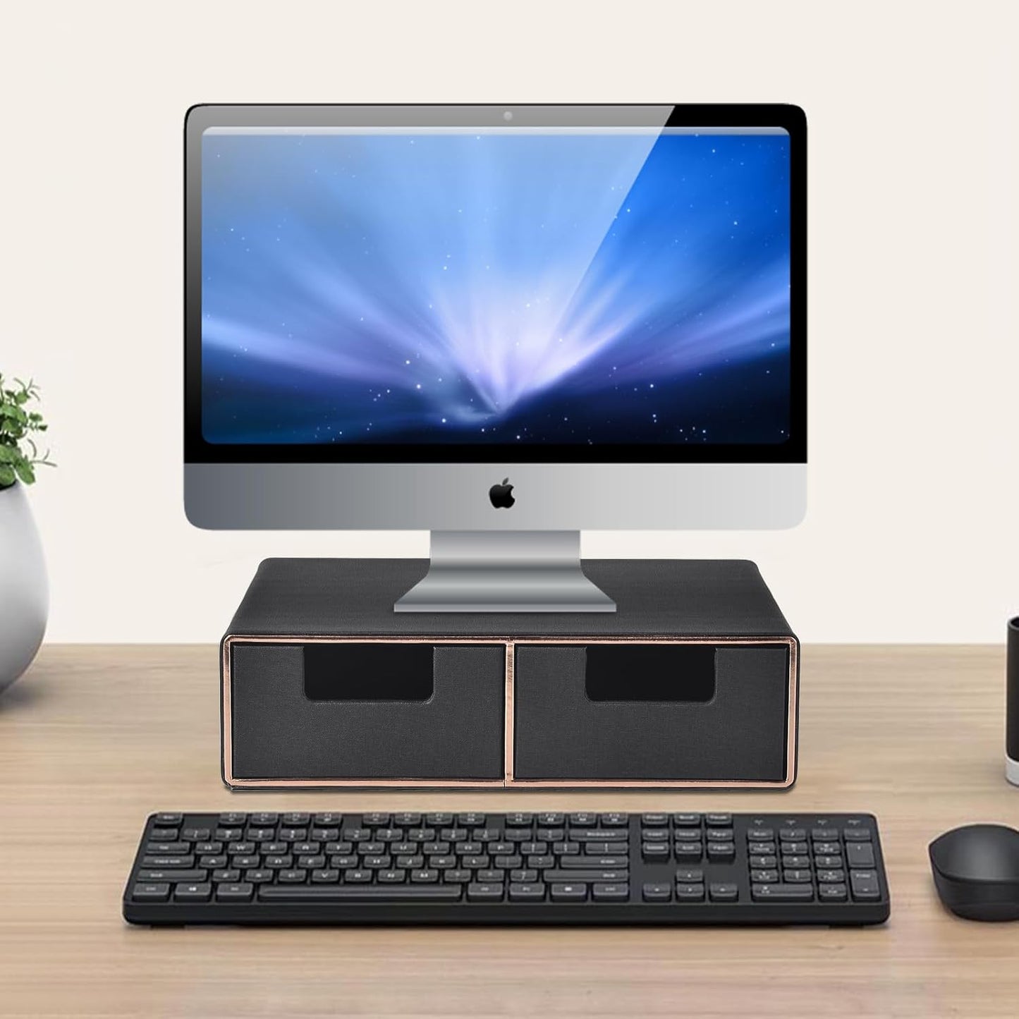 Linen Leather Desk Organizer and monitor stand with Drawers－Mini Desktop Drawer Organizer Stackable－Tabletop Organization Storage Box for Office Supplies Home Vanity Toiletries (Black, 2-drawers)