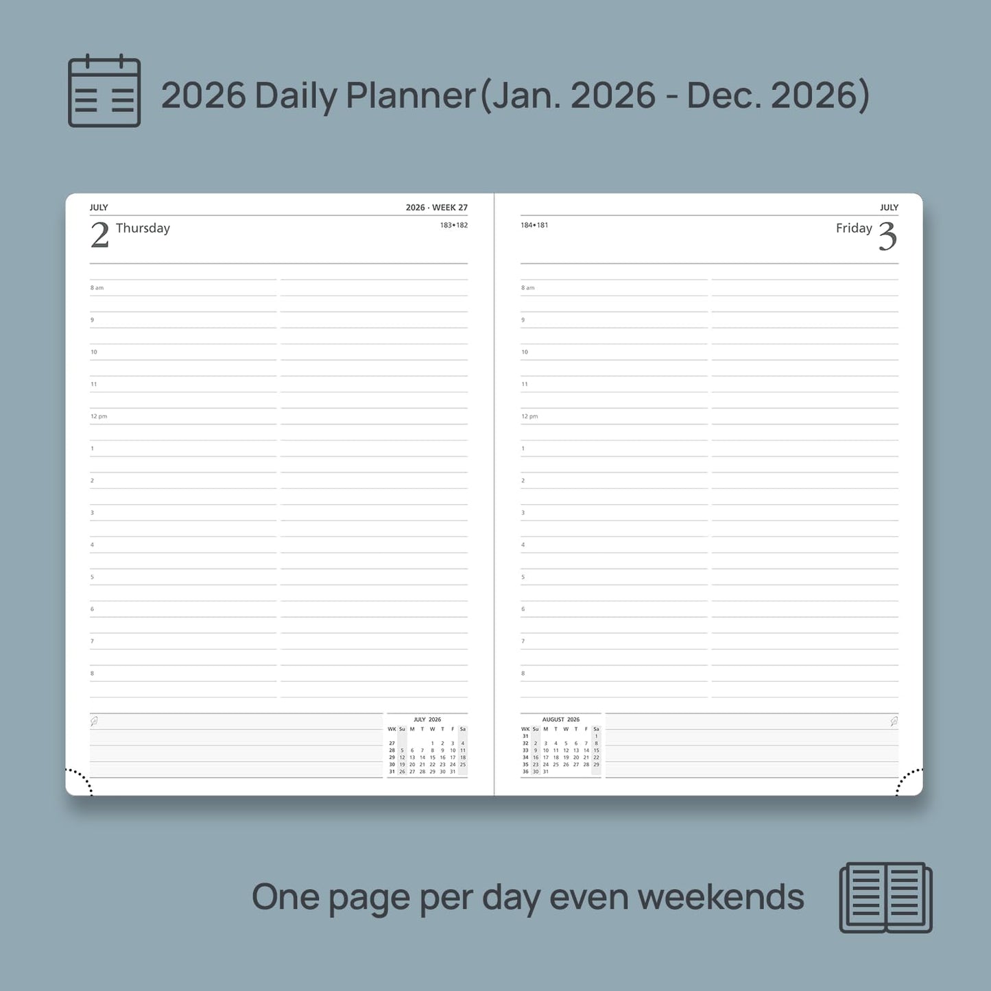 POPRUN 2026 Daily Planner One Page Per Day Even Weekends A4 Large Size (8.5" x 12") - 12 Months Calendar Hourly Appointment Book with Inner Pocket, Pen Holder, Hardcover - Black
