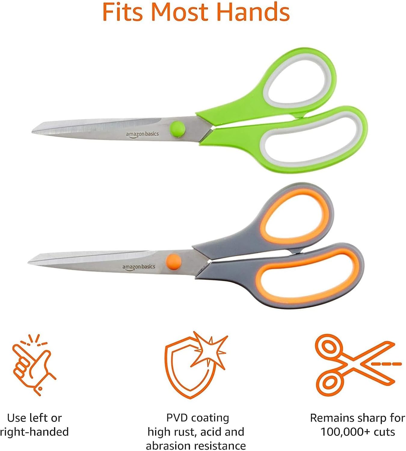 Amazon Basics Stainless Steel Scissors for Office, Crafts, Multipurpose, Sharp, Comfort Grip, PVD Coated, 2 Pack, Green and Grey