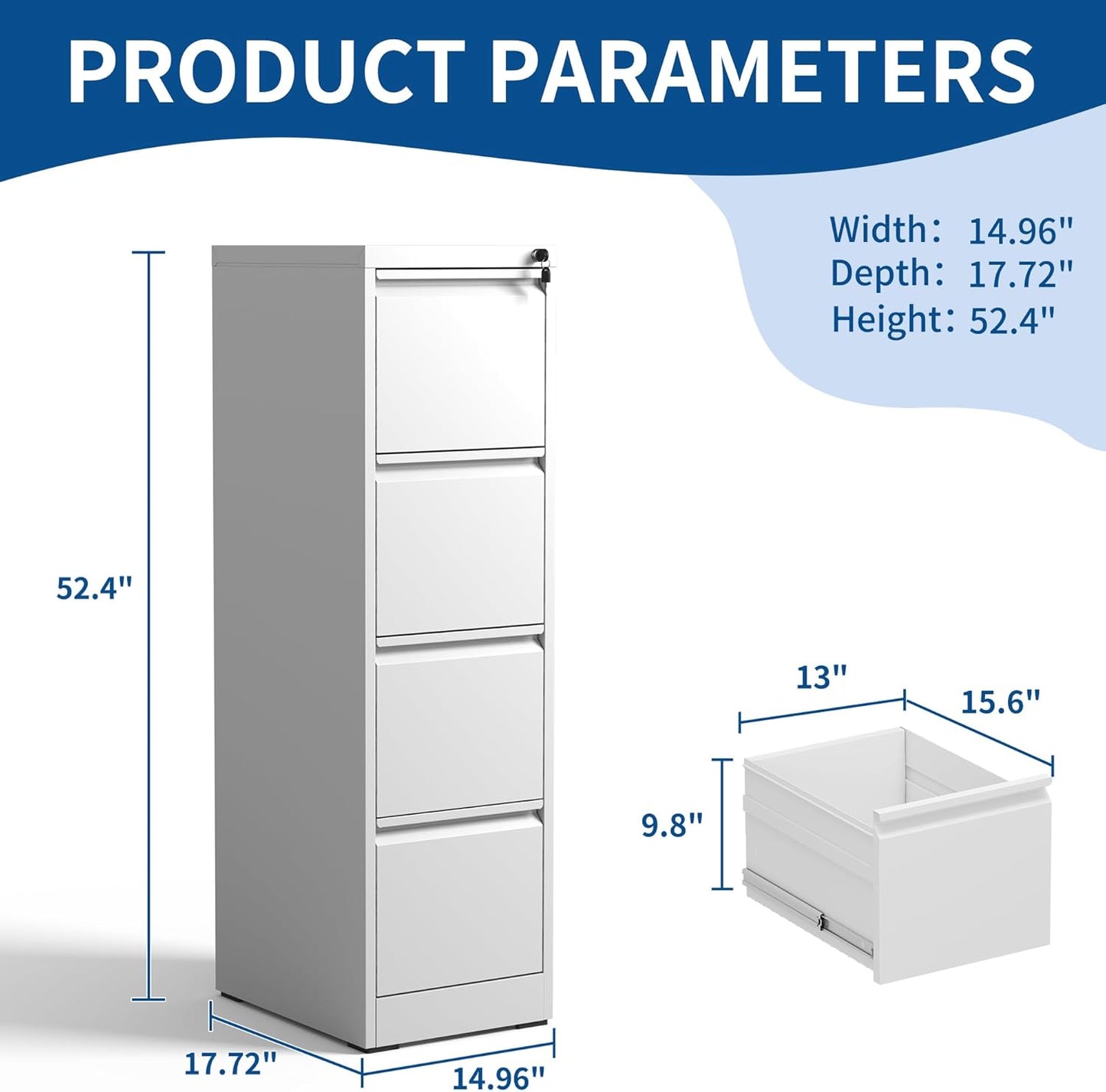 4-Drawer Locking Vertical File Cabinet, Metal Storage Cabinet for Office/Home – Secure Vertical Filing for Letter/Legal/A4/F4 Documents, Easy to Assemble Steel Cabinet (White, 4 Drawer-52 H)