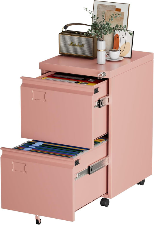 METAN 2 Drawer Vertical File Cabinet with Lock, Mobile Metal Filing Cabinet for Legal/Letter Size, Office Storage File Cabinet Under Desk with Card Holder,Assembly Required,Pink