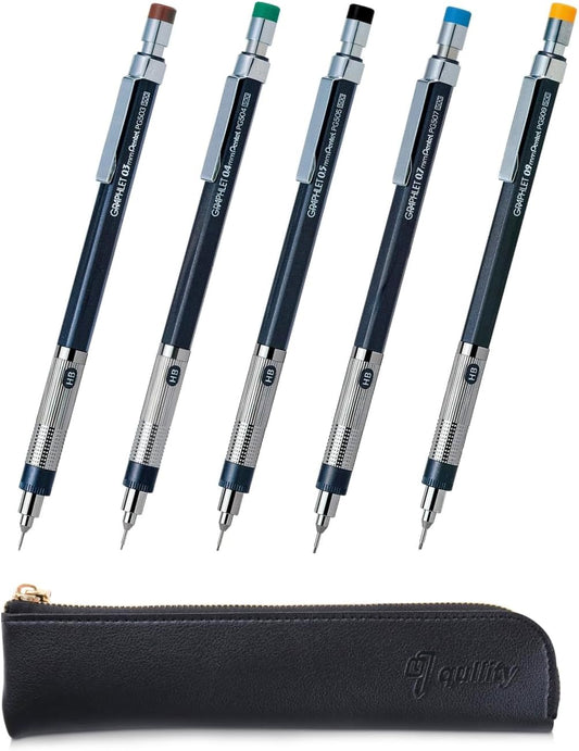 Graphlet Mechanical Drafting Pencil + Ain HB/B/2B leads, original Black slim pen case (5 sizes)
