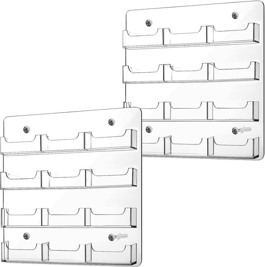 Lincia 2 Pieces Acrylic Business Card Holder Wall Mount Clear Sticker Display Rack Multiple Clear Acrylic Card Organizer Sticker Display Stand Pre Drilled Index Card Storage(12 Pockets)