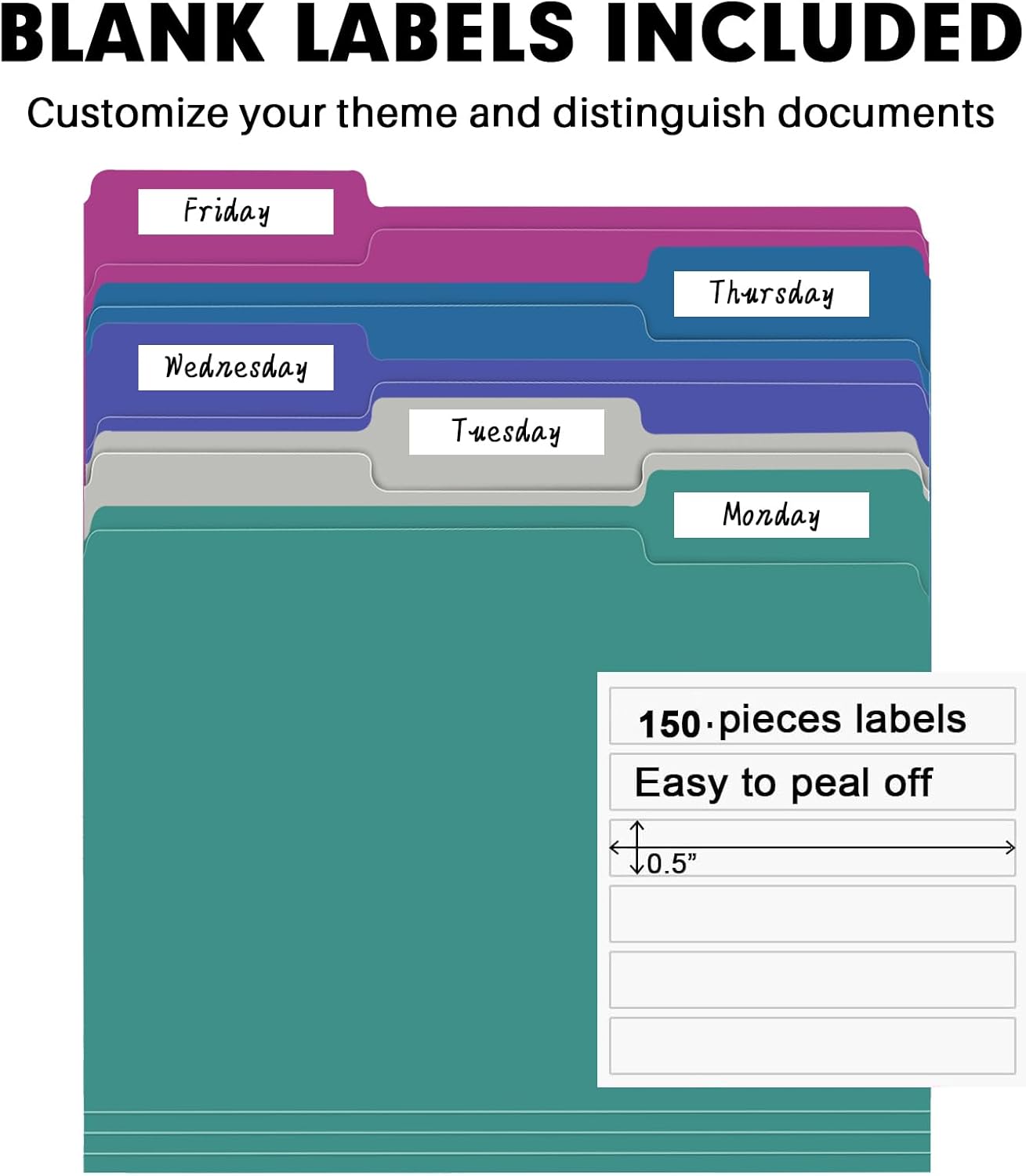 File Folder, RAZCC 150 Pack 1/3 Cut Tab File Folders Letter Size, Colored File Folders for Office Classroom Use, Colored Folders with Tabs, Assorted 5 Colors