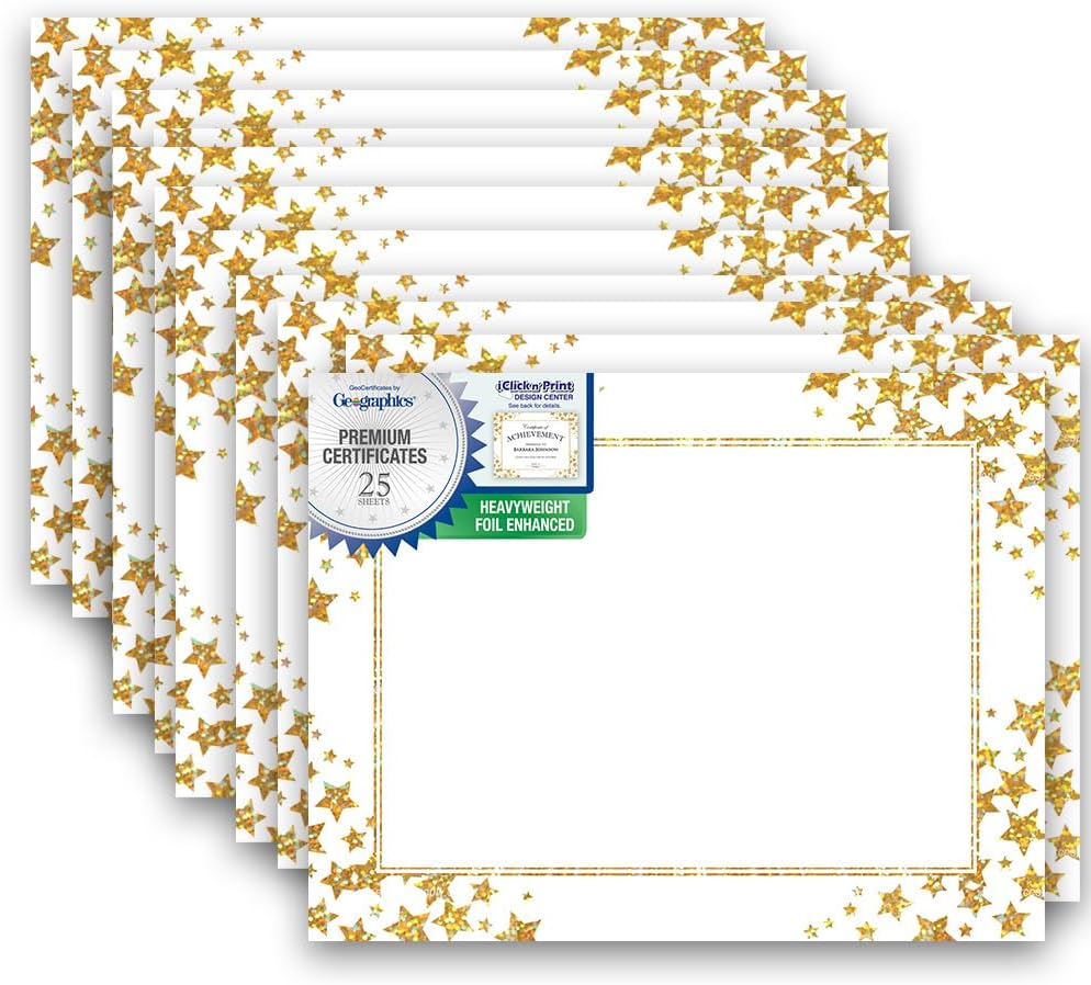 Gold Star Award Certificates, Holographic Gold Foil Design, 8.5”x11”, Professional Certificate Paper, Pack of 25 by Geographics®