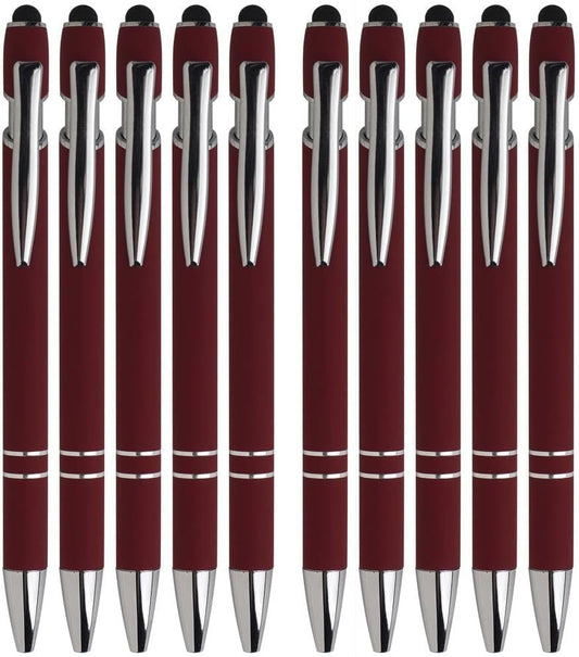 Wine Red Ballpoint Pens with Black Ink, 2-in-1 Stylus Tip, 1.0mm Medium Point, Matte Metal Barrel – 10-Pack for Office or School