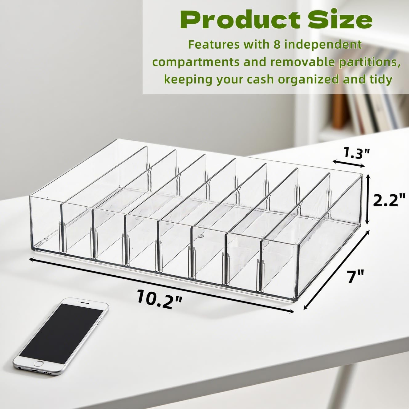 2 Pack Eyeshadow Palette Makeup Organizer, 8 Section Plastic Cash Organizer with Removable Devider, Clear Money Bill Budget Tray Cosmetic Display Holder for Mail, Envelop, Sunglasses, Cosmetic