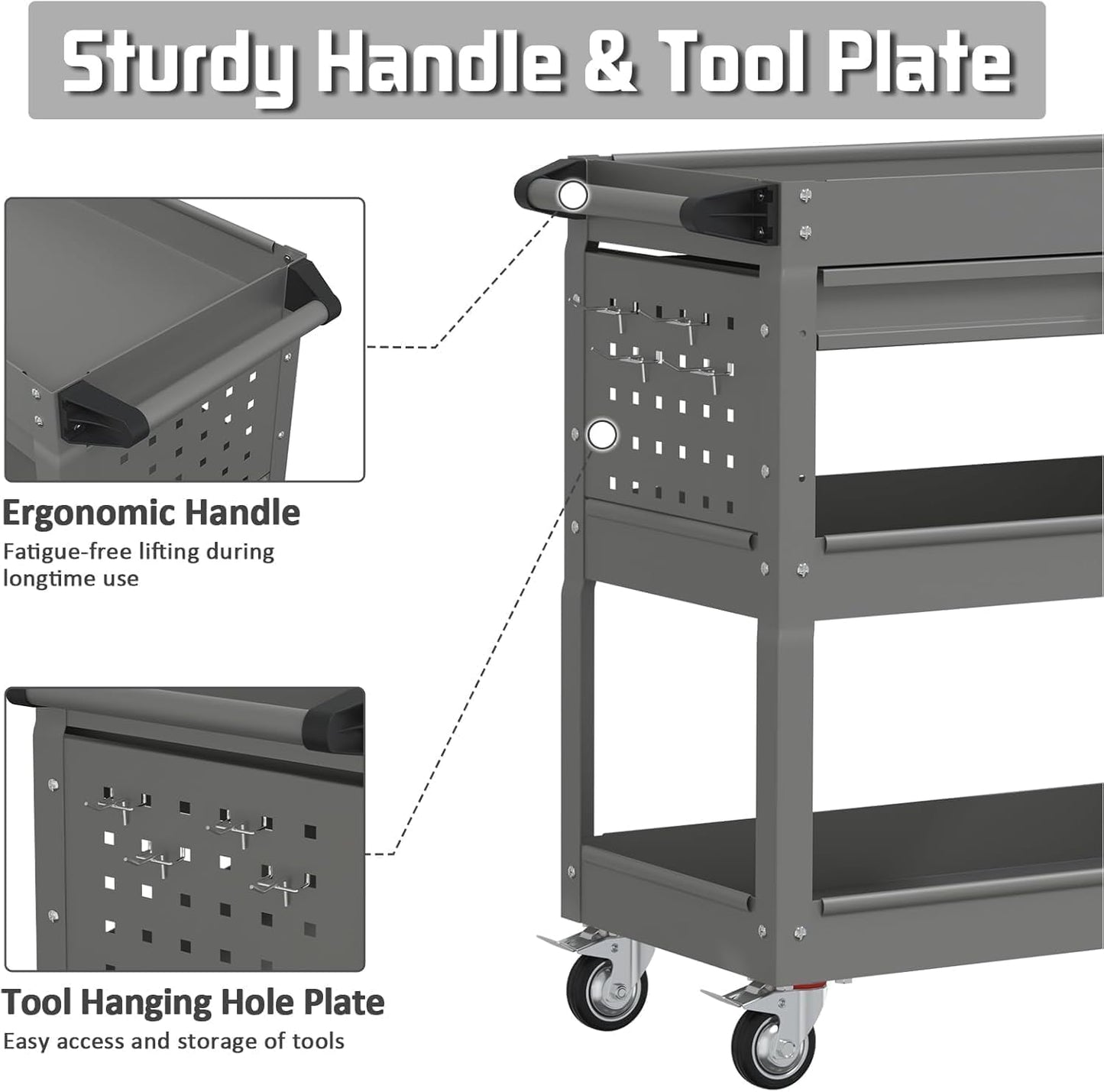 3 Tray Rolling Tool Cart, 400 LBS Capacity Mechanic Tool Carts on Wheels, Heavy Duty Utility Cart with Drawers, Metal Work Cart for Garage, Warehouse and Repair Shop, Grey