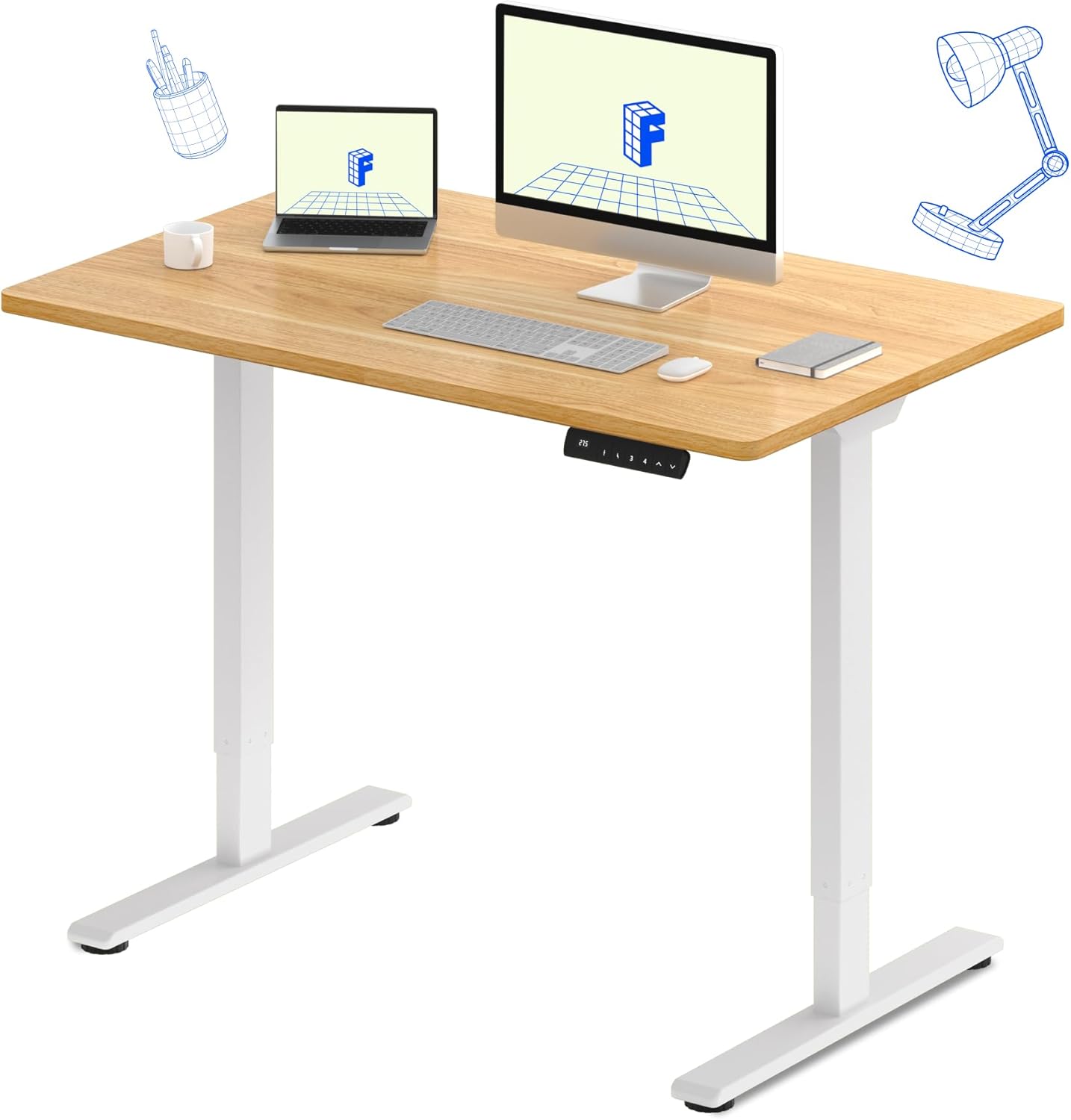 FLEXISPOT E3 Dual Motor Electric Standing Desk 48x24 Inch Whole-Piece Board Height Adjustable Electric Sit Stand Desk (White Frame + Maple Desktop, 2 Packages)