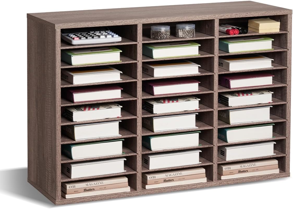 VEVOR Literature Organizer, 27 Compartments Office Mailbox with Removable Shelves, Wood Mailbox Sorter Particle Board Office Home Classroom Storage, File Sorter for File, Document, Paper, Black-Grey