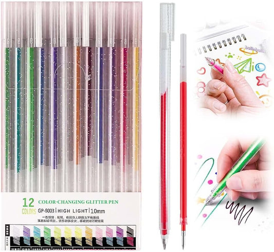 Glitter Gel Ink Pens, 2025 New Sparkle Metallic Dual Tone Iridescent Gel Pen Set for Coloring, with Replacement Pen Core, Paint Markers Sparkly Pens for Kids Adult Office Back to School Supplies (12)