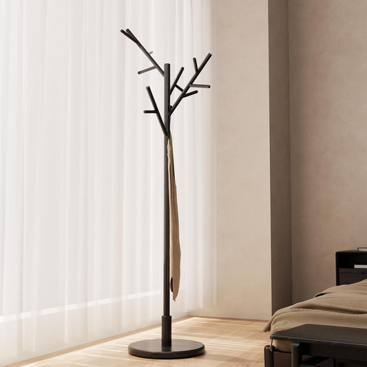 Coat Rack, Solid Wood Coat Rack Freestanding with 12 Hooks, Coat tree freestanding 3 Adjustable Heights for coat, Hats, Handbags， Coat Stand for Entryway, Bedroom (Black)