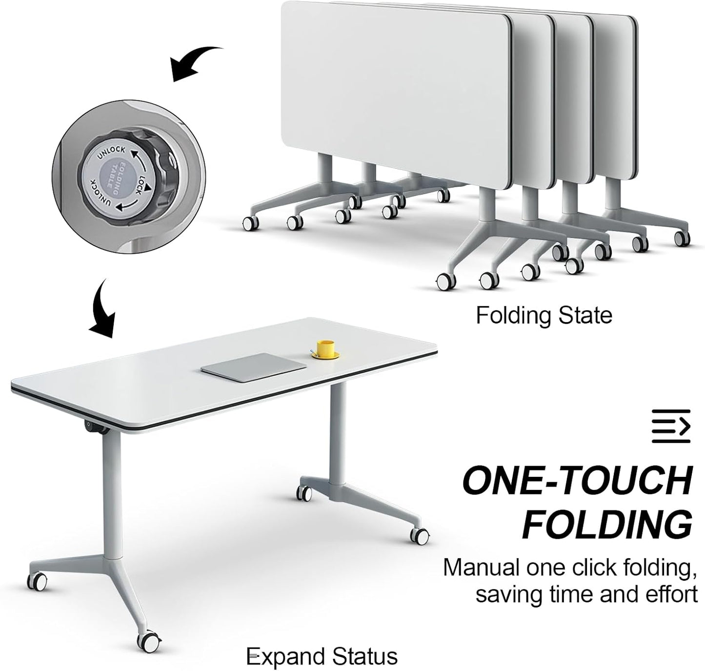 Folding Conference Table, Modern Large Conference Room Tables with Flip-Top Design, Foldable Conference Table Meeting Table with Wheels, Mobile Seminar Training Tables for Office Classroom (8, White)
