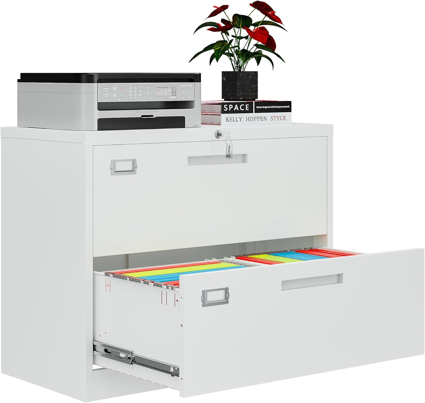 2 Drawer File Cabinets for Home Office, Metal Filing Cabinet with Lock, White Locking File Caninet Two Drawer, Office Storage Caninets Steel Cabnet for Letter/Legal/A4/F4-Assembly Required