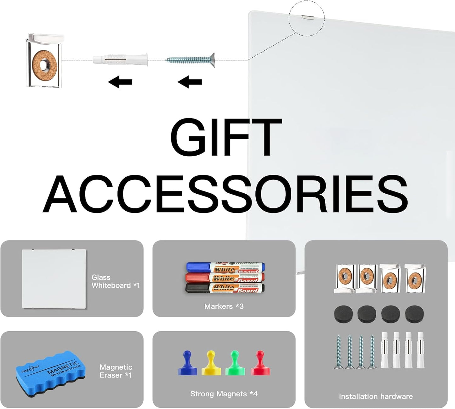 Wall-Mounted Magnetic Tempered Glass White Board Frameless Dry Erase Board Wall Mounted Ideal for Office Classroom School Kitchen and Home，Durable Whiteboard Frameless (48''x36'')