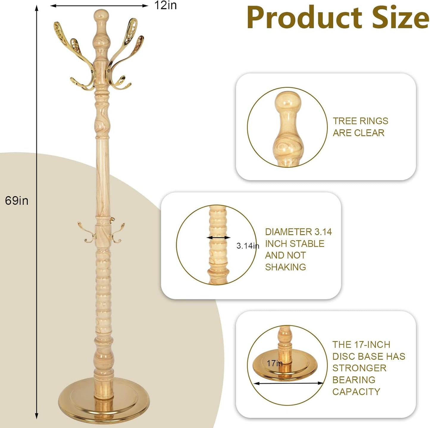 Vintage Wooden Coat Rack Free Standing,14 Hooks, 3-Level Adjustable Height, 73-Inch Retro Coat Rack Stand, Suitable for Entryway, Living Room, Office and Bedroom (Natural)