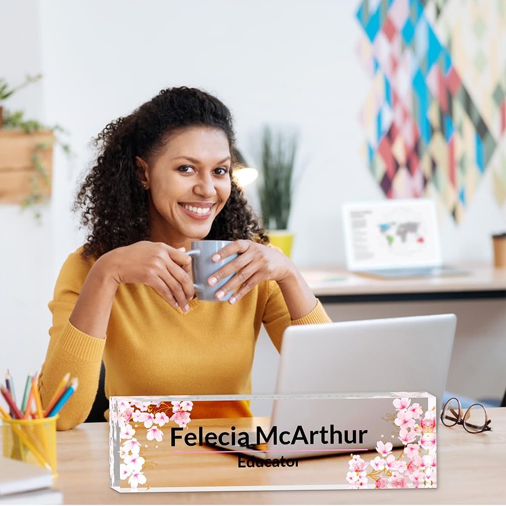 Personalized Office Desk Name Plate on Acrylic Glass - Custom Nameplate Decor, Accessories - Gift for Boss, Coworkers