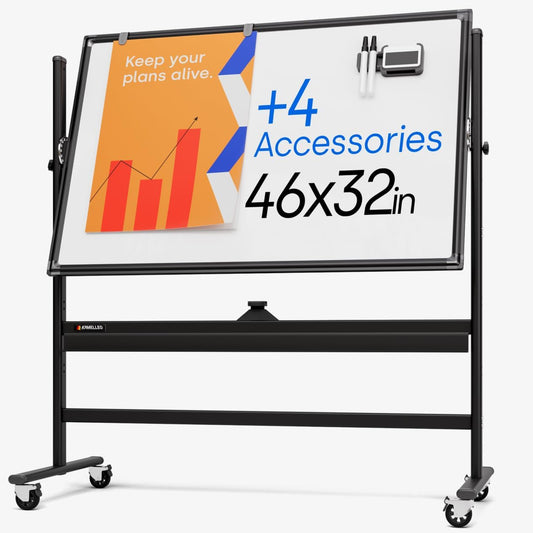 Rolling Dry Erase Board 46 x 32 - Large Portable Magnetic Whiteboard with Stand - Double Sided Easel Style Whiteboard with Wheels - Mobile Standing White Board for Office, Classroom & Home