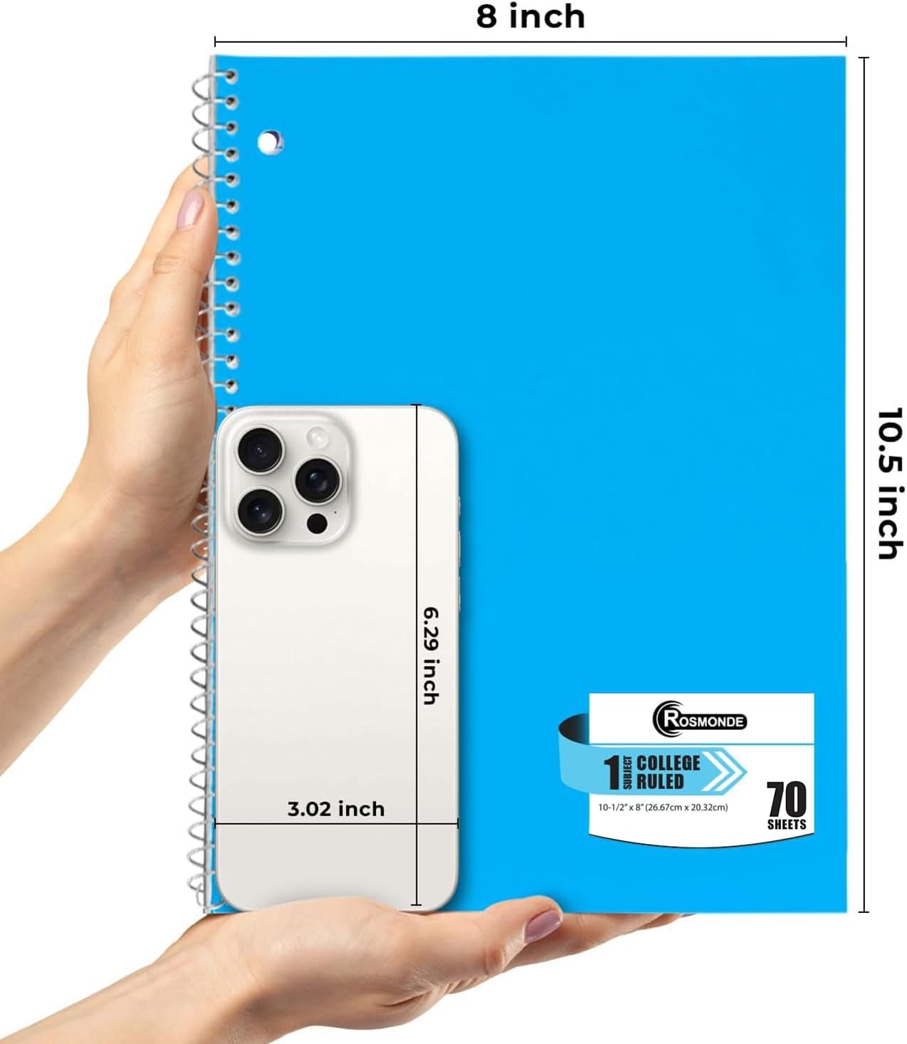 Spiral Notebook, 12 Pack, 1 Subject, College Ruled, 70 Sheets, 8 x 10-1/2", 3 Hole Punched, Bulk College Ruled Spiral Notebook for School, Single Subject Spiral Notebook Bulk, Assorted Colors