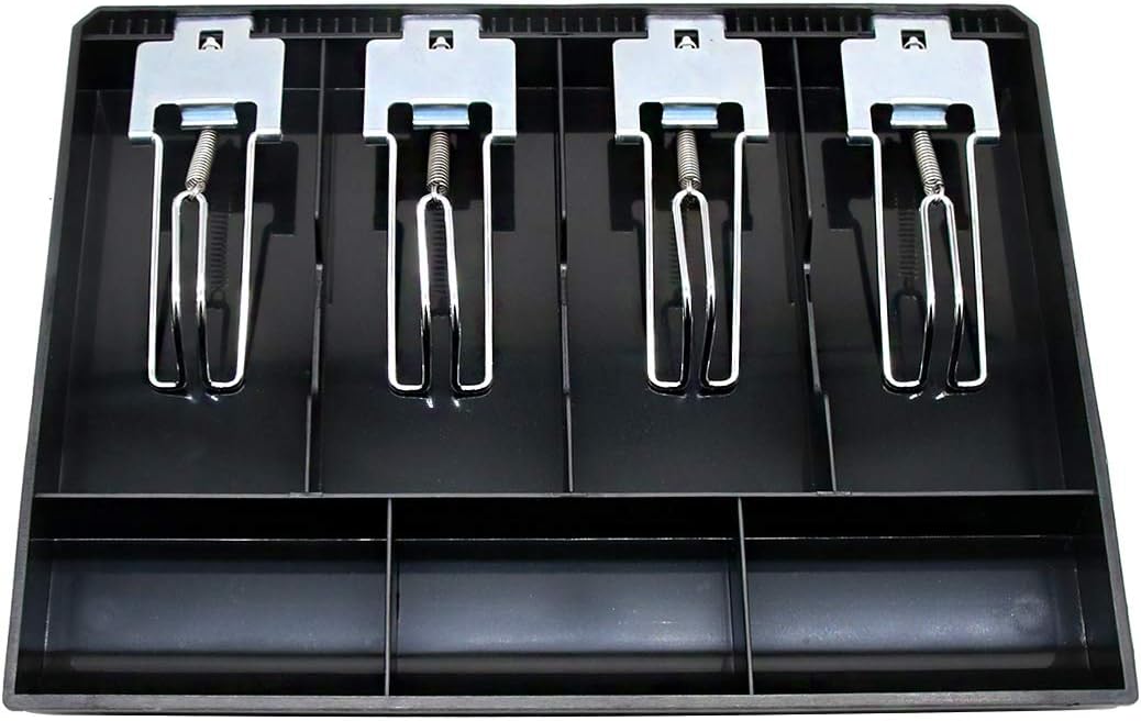 Cash Register Drawer Insert Tray 4 Bill/3 Coin Compartments with Metal Clip for Money Storage, Black