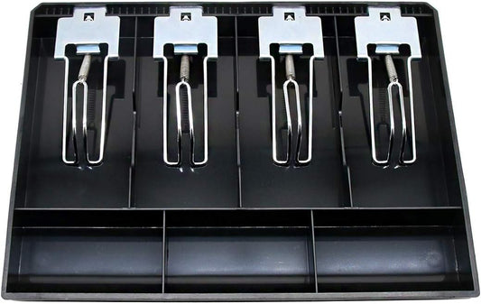 Cash Register Drawer Insert Tray 4 Bill/3 Coin Compartments with Metal Clip for Money Storage, Black