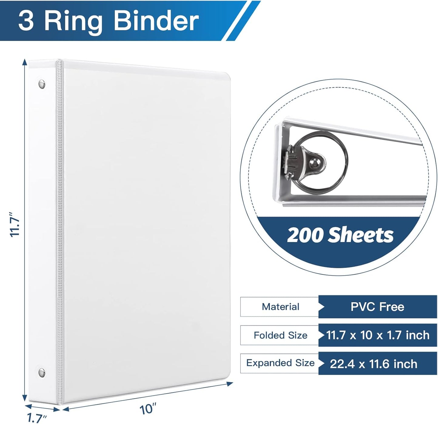Basic 3 Ring Binder -1 or 1/2'' Binders with Roung Ring Binder, Large 100/200 Sheet Capacity, Fit 8.5" x 11" US Letter Size Paper, 12 Pack White (1'' White - 36 Packs)