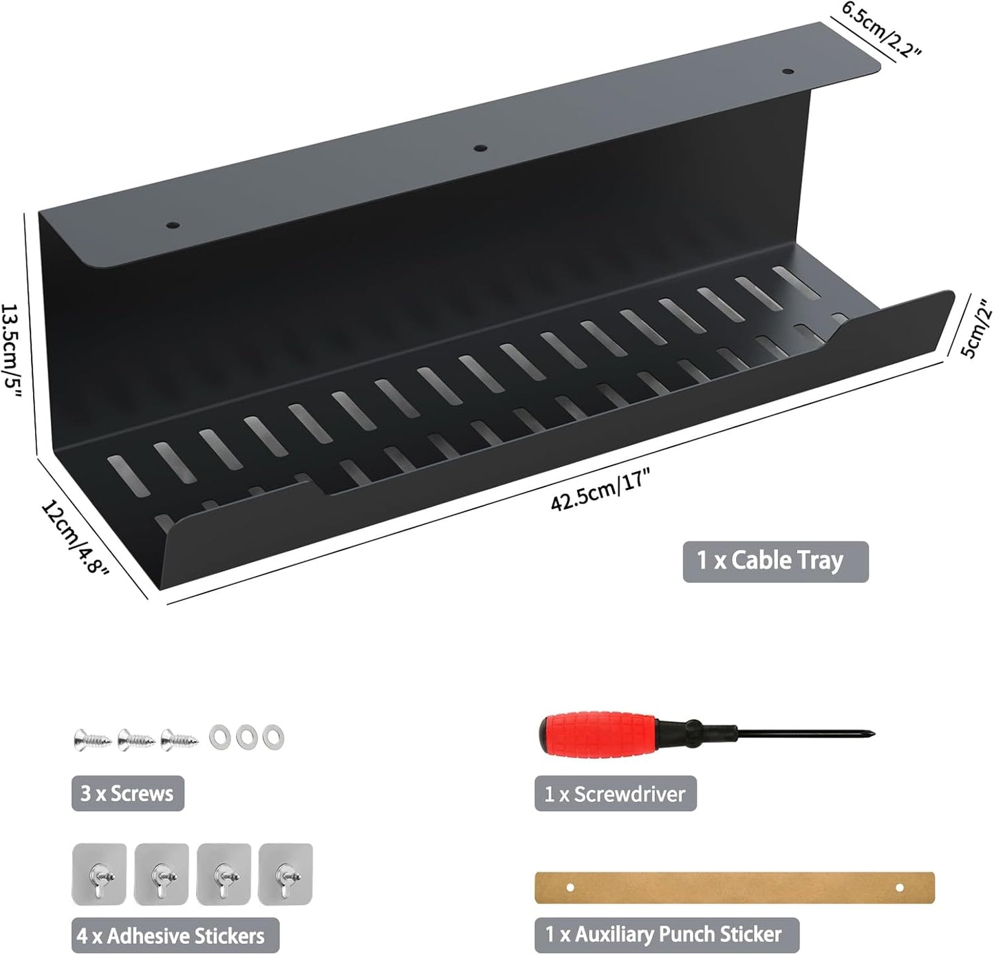 VIDOR Under Desk Cable Management Tray 1-Pack, 17" Cord Organizer, No Drill Alloy Steel, Perfect for Standing Desk, Wire Management for Office Home