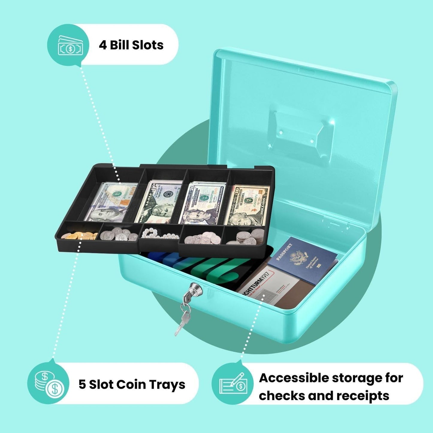 Flexzion Cash Box with Money Tray and Lock - Metal Cash Box for Small Businesses, 9-Compartment Blue Money Box with Removable Tray and Key, Portable Storage for Checks and Coins