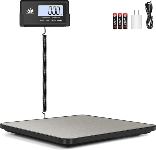 QP Shipping Scale, 440 lb/0.35 oz High Accuracy Digital Postal Scale, Postage Scale, Hold/Tare Function, Auto Off LCD Display, Lightweight Scale for Packages/Luggage/Pet, Battery & AC Adapter Included