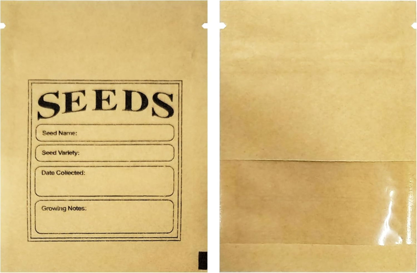 100 Pack Clear Window Small Resealable Seeds Packets Coin Envelopes 2.75x3.74 inch Brown Kraft Paper Sample Bag with Preprinted Seed Collecting Template for Seed Storage Organizer