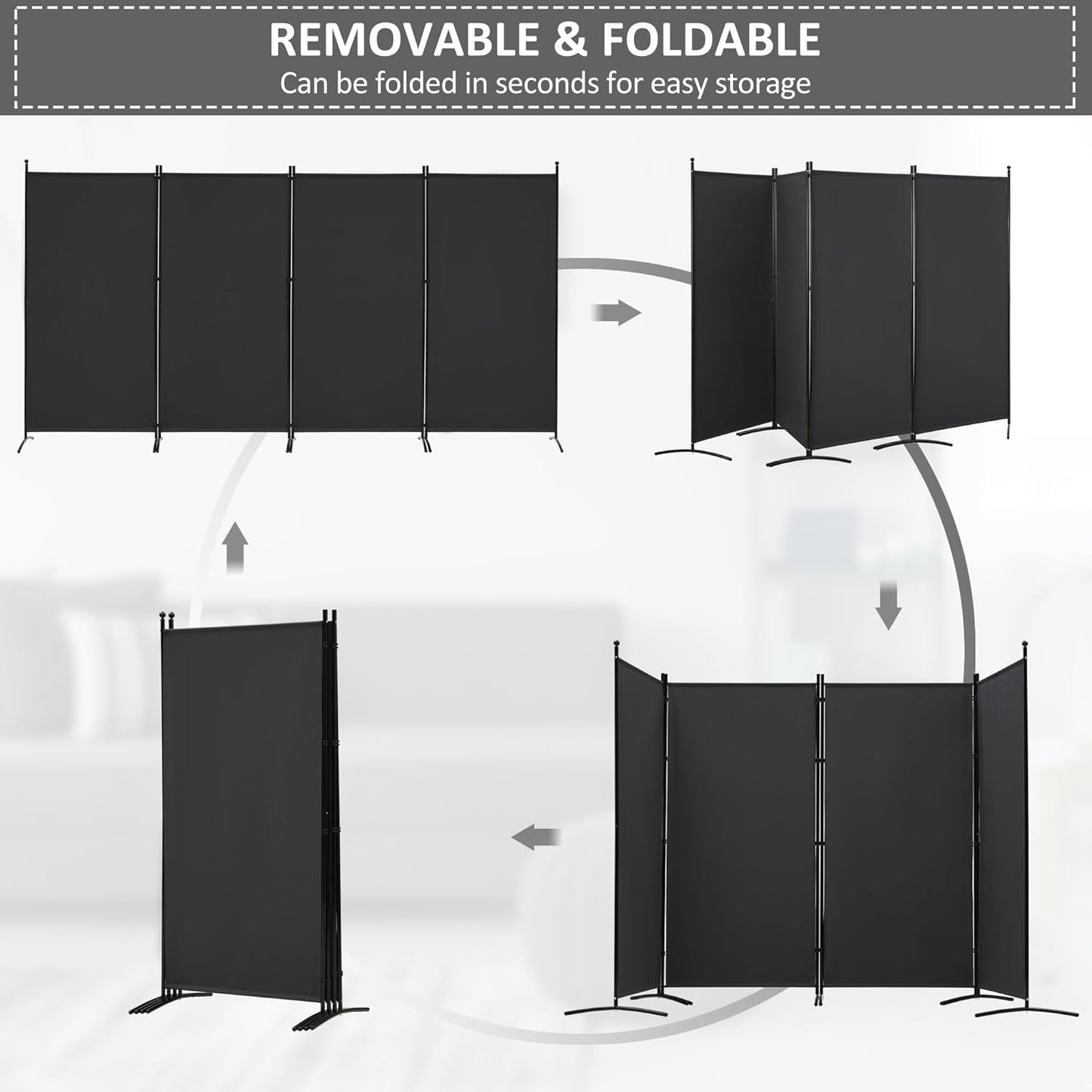 Spurgehom 4 Panel Room Divider Folding Privacy Screen, Freestanding Fabric Partition Portable Room Partition Wall Dividers for Home Office Room Restaurant, 136" W X 72" H (Black)