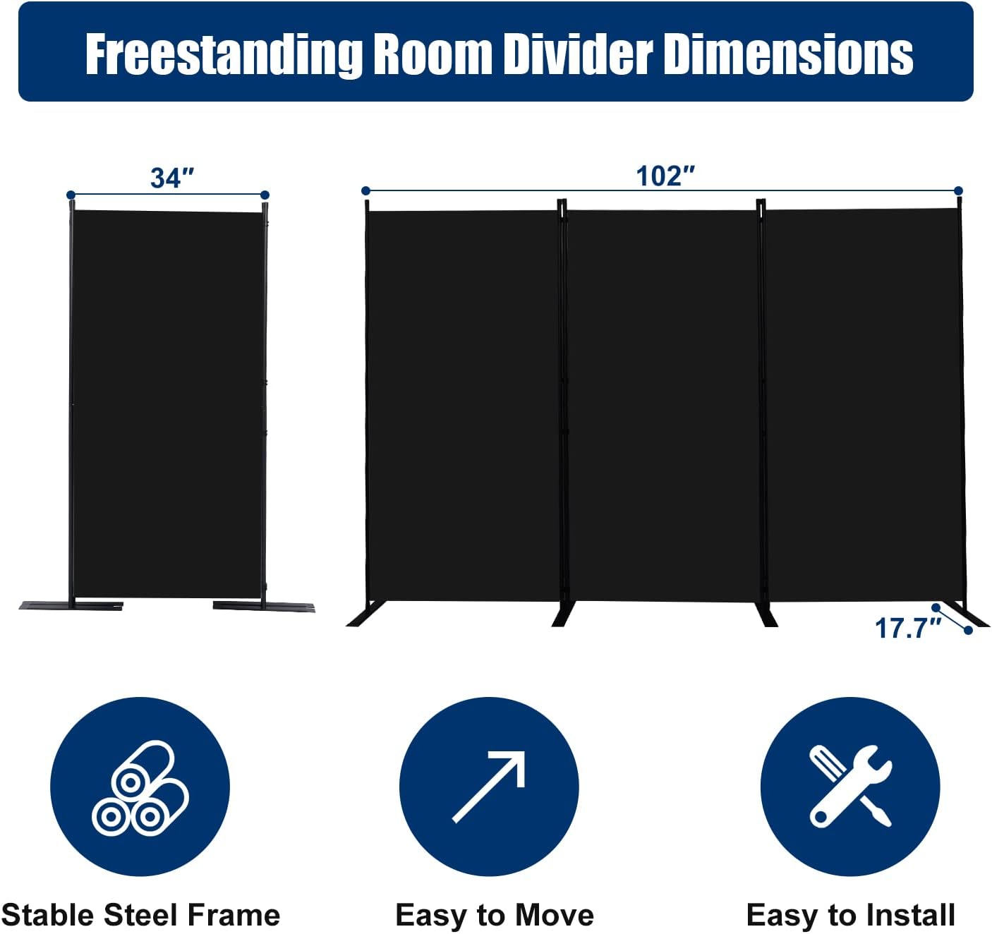 Room Divider 6FT Portable Room Dividers and Folding Privacy Screens, 102'' W Fabric Divider for Room Separation, 3 Panel Partition Room Dividers Freestanding Wall Divider Screen for Dorm Studio Office