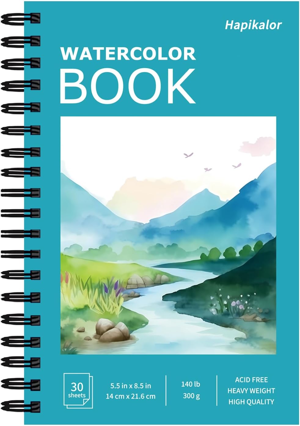 Hapikalor 5.5"x8.5"Watercolor Small Sketchbook for Kids, 30 Sheets (60 Pages) Spiral Bound, Water Color Paper, 140lb/300gsm Watercolor Paper, Watercolor Notebook, Watercolor Journal, Sketch Pad, Teal