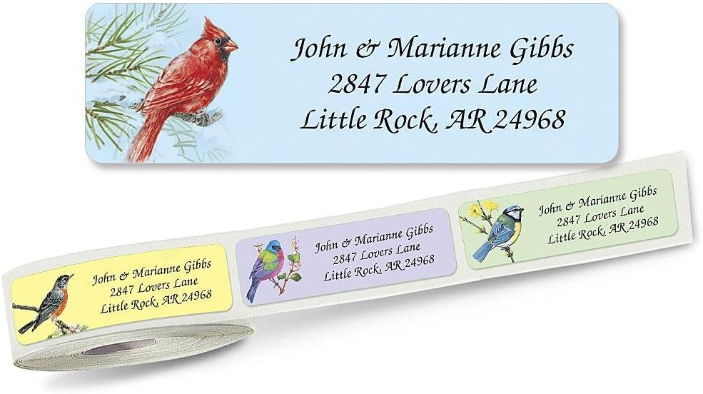 Birds Rolled Personalized Return Address Mailing Labels with Dispenser, Set of 250, 5 Designs, Small ¾ x 2½ Inch Size, Custom Self-Adhesive Sticker Roll, by Colorful Images