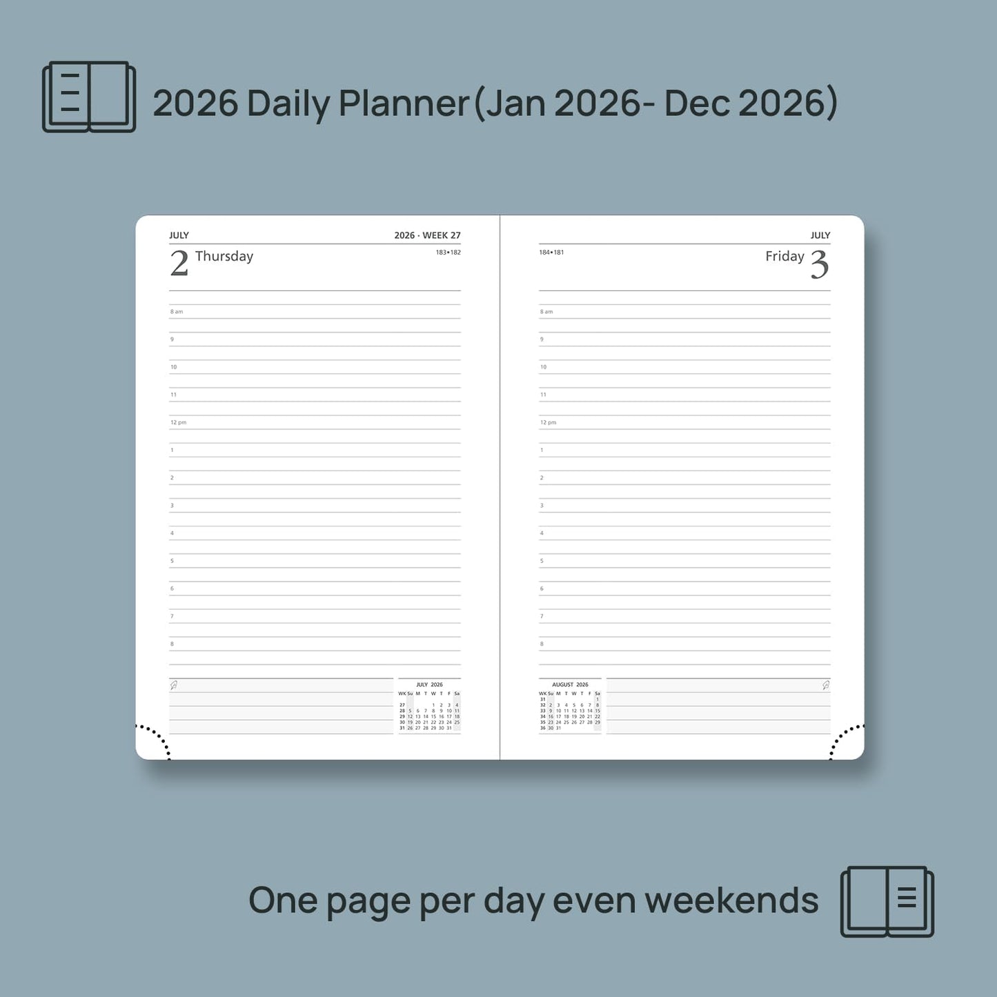 POPRUN 2026 Daily Planner One Page Per Day A5 Size Calendar (5.75" x 8.5") - 12 Months Hourly Appointment Book with Hardcover, Pocket, Pen Holder - Pacific Green