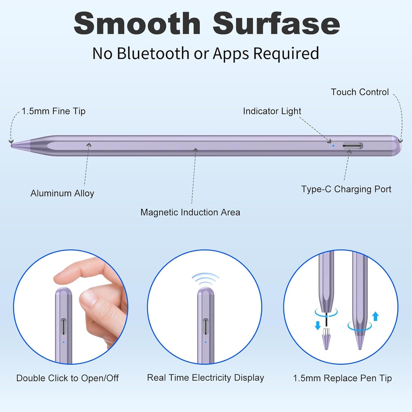 Stylus Pen for iOS&Android Touch Screens, Active Pencil for Samsung, Smart Digital Stylus Pens for Lenovo/Huawei/Vivo/Mi and Other Tablets, iPhone/Google Pixel Smart Phones Drawing&Writing (Purple)