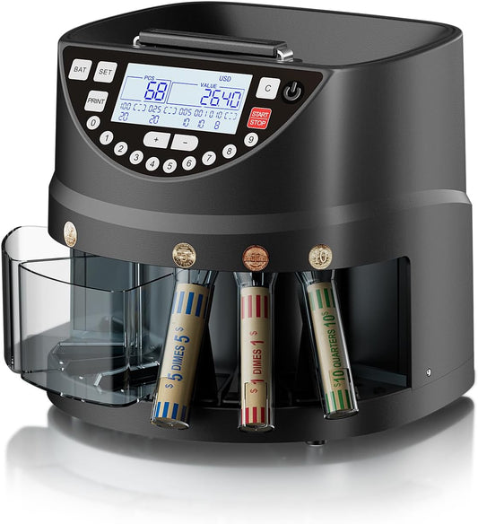 Aneken Coin Counter and Sorter with TFT Display - Accurate Sorting Machine for 5 Denominations, Smooth Operation at Up to 300 Coins Per Minute, Ideal for Efficient Money Management,Black