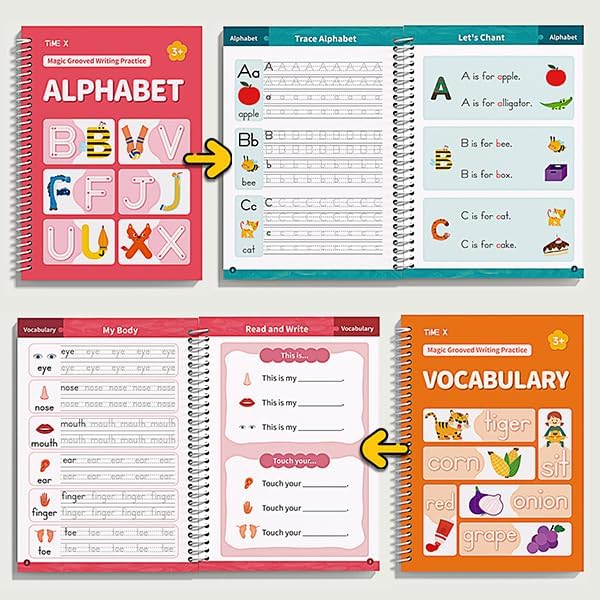 TIME X Magic Grooved Writing Practice Books, Reusable Handwriting Practice Books, Groove Workbooks, Handwriting Practice for Kids 3 +, Large Writing Practice Books (Practice 6-Books)