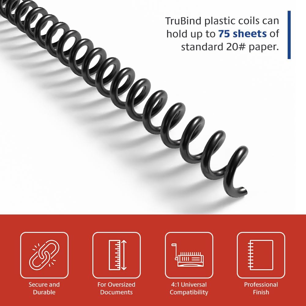 TruBind 10mm (3/8 in.) Spiral Binding Coils for Reports, Presentations and Proposals | 4:1 Pitch | 36 in. Length | Black | 75 Sheets Binding Capacity | 100 Pack