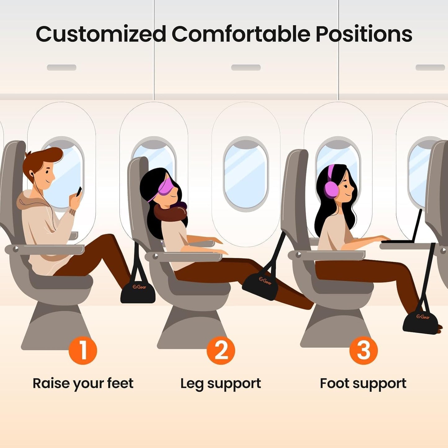 ErGear Airplane Foot Hammock with Wide Hardboard Support, Foot Hammock for Plane Travel with Extended Adjustment Strap, Portable Airplane Foot Rest Travel Essentials for Long Flight