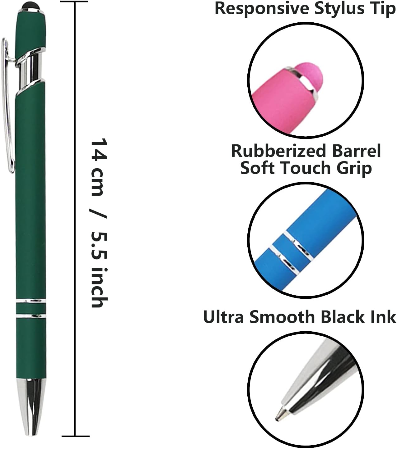 Ballpoint Pen with Stylus Tip, Soft Touch Click Metal Pen, 1.0mm Medium Point, Black Ink, 12 Count(Dark Green)
