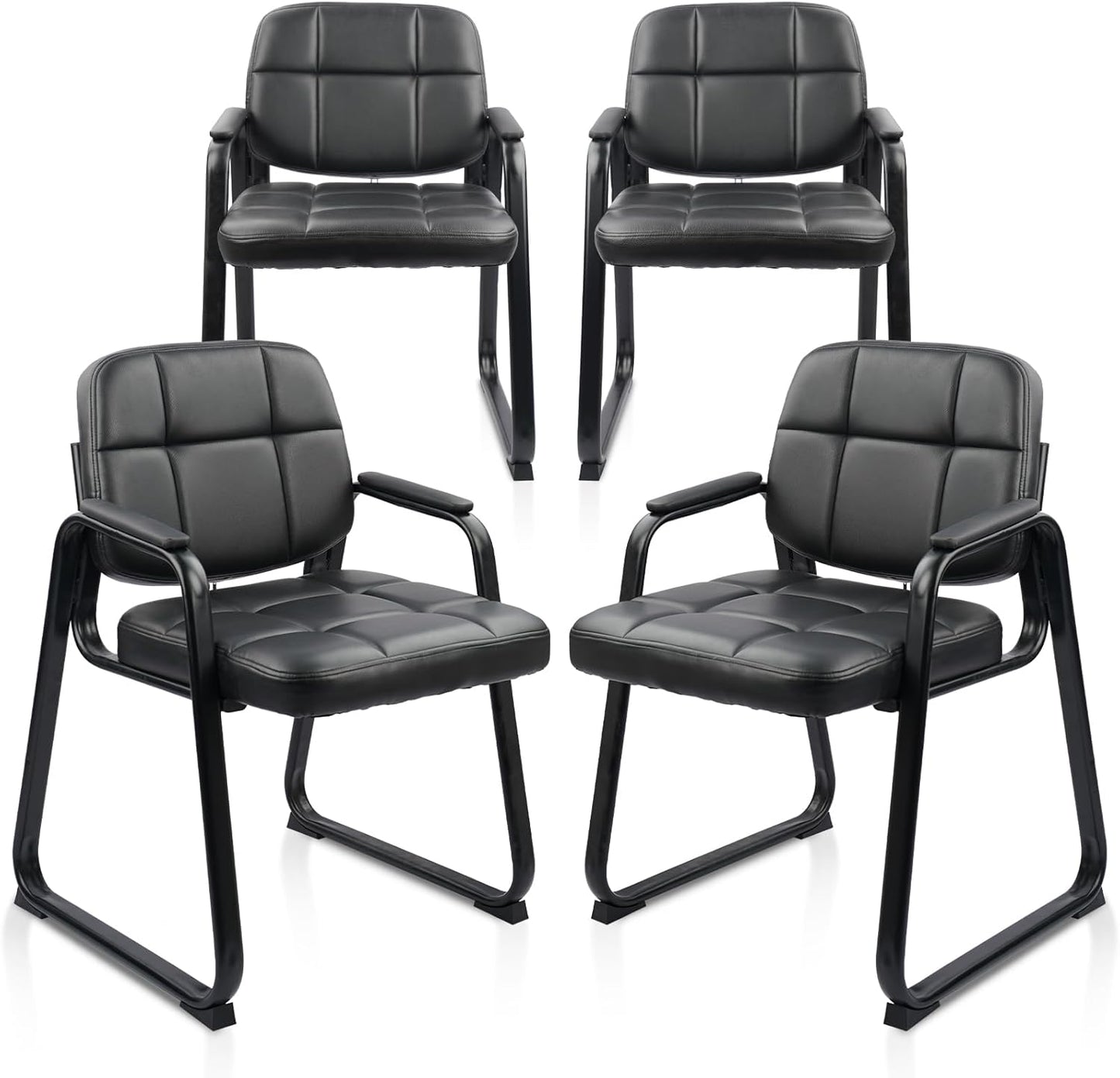 CLATINA Waiting Room Guest Chair with Bonded Leather Padded Arm Rest for Office Reception and Conference Desk Black with Sled Base 4 Pack